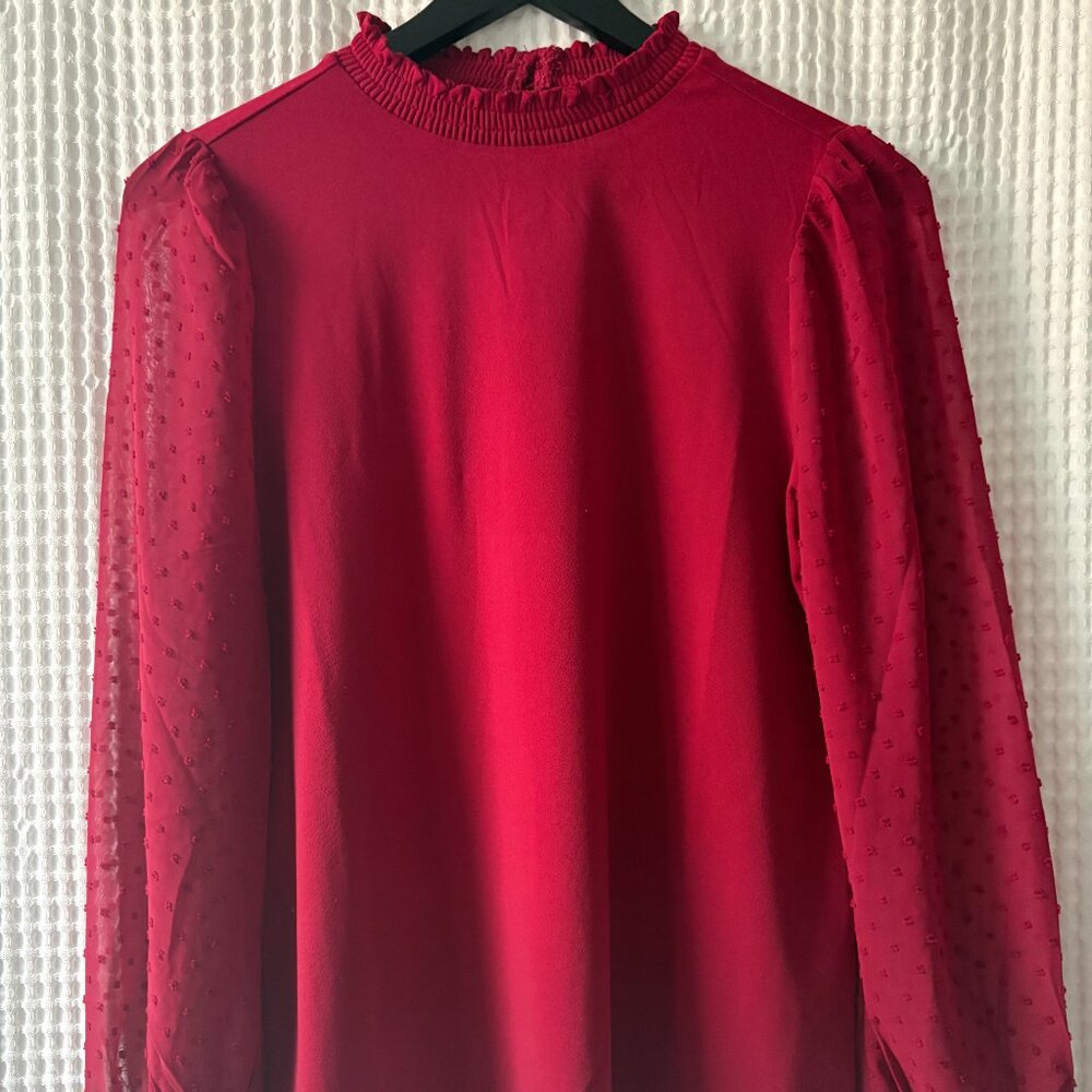 Adrianna Papell red ruffle neck sheer Swiss dot sleeves blouse women's small
